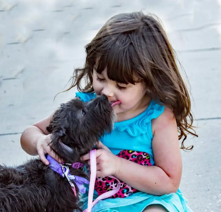 child cuddling pet dog